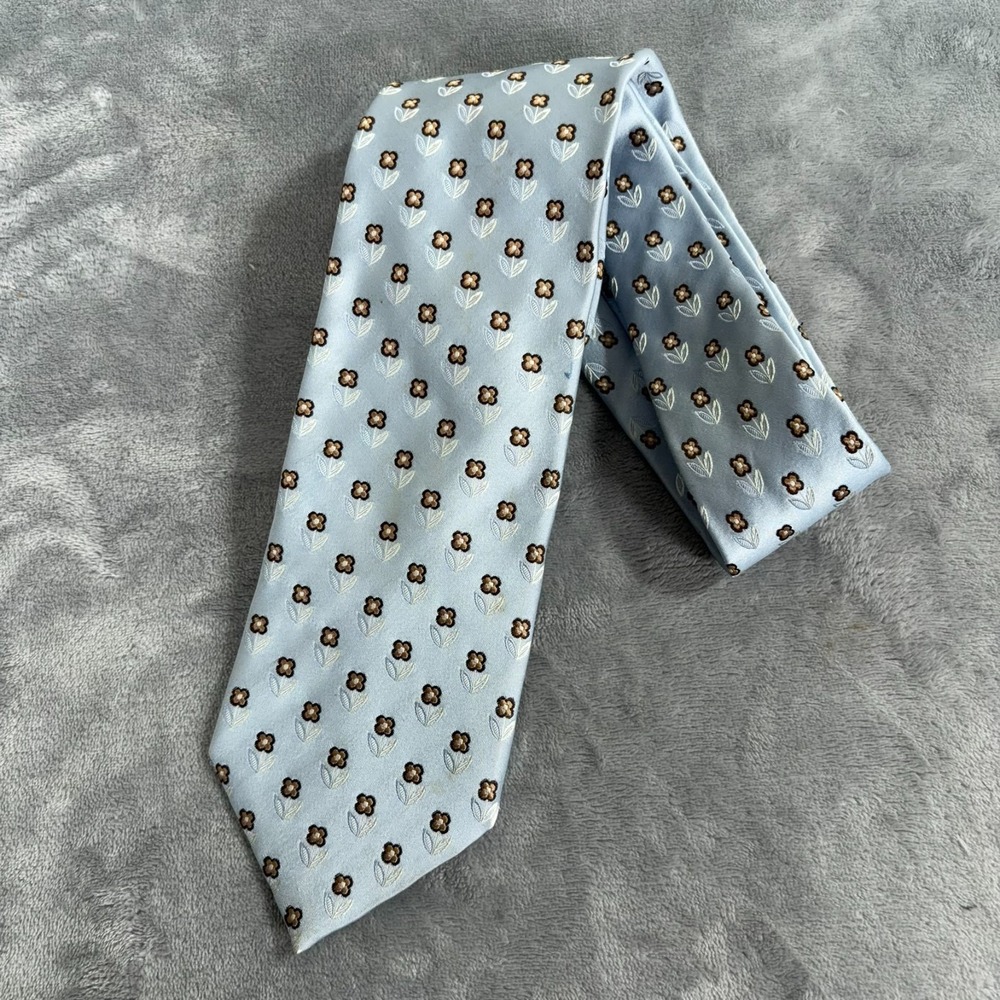 Ermenegildo Zegna Mens Silk Tie Light Blue Floral Geometric Italy